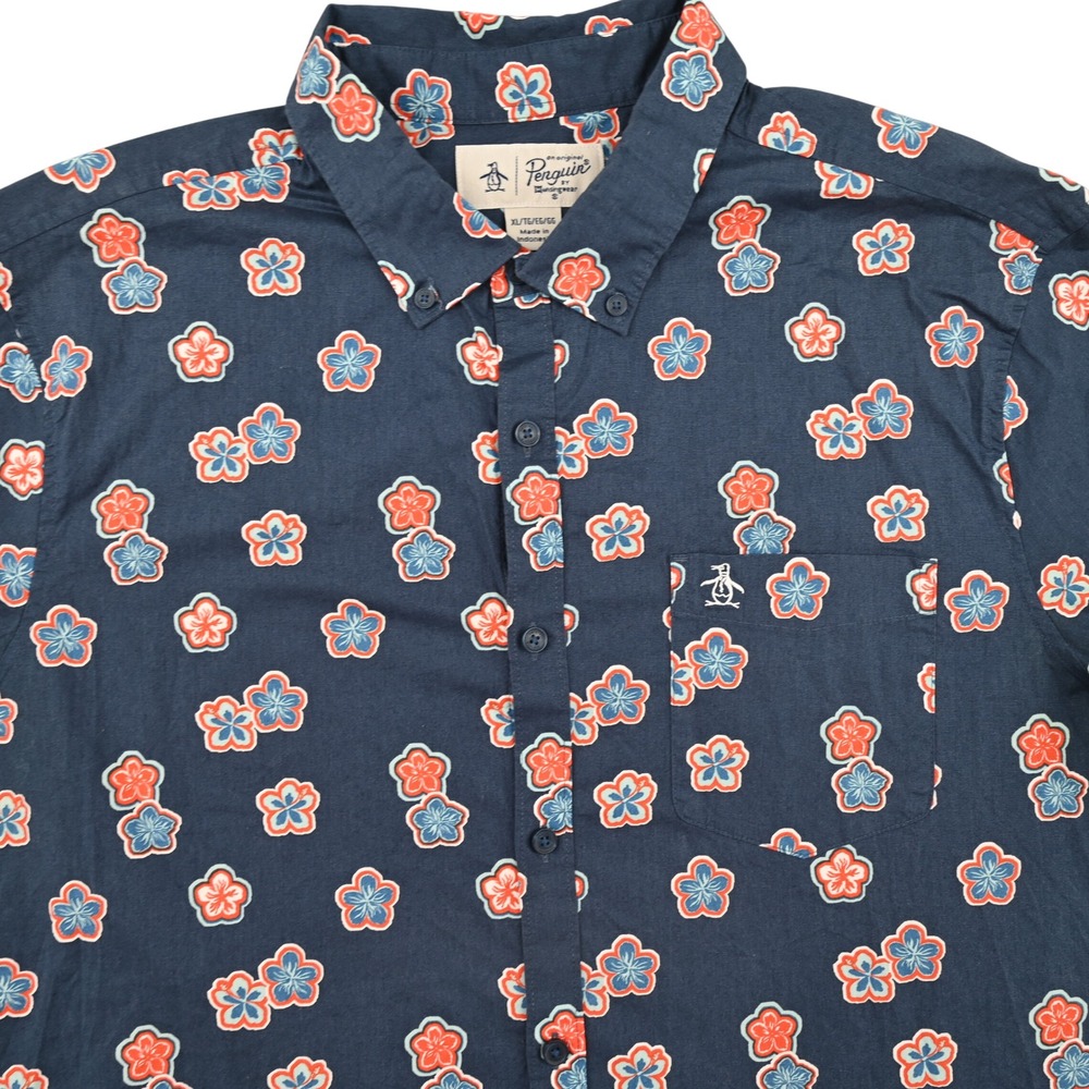 Original Penguin Men XL Hibiscus Floral Cotton Stretch Button Down Shirt Blue
